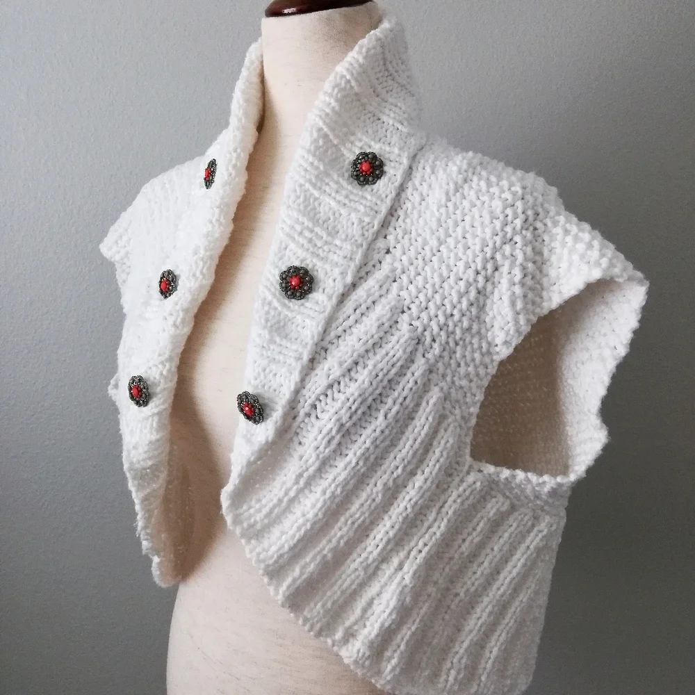 White Knit Shrug Cap Sleeve Sweater With Decorative Buttons, One Size